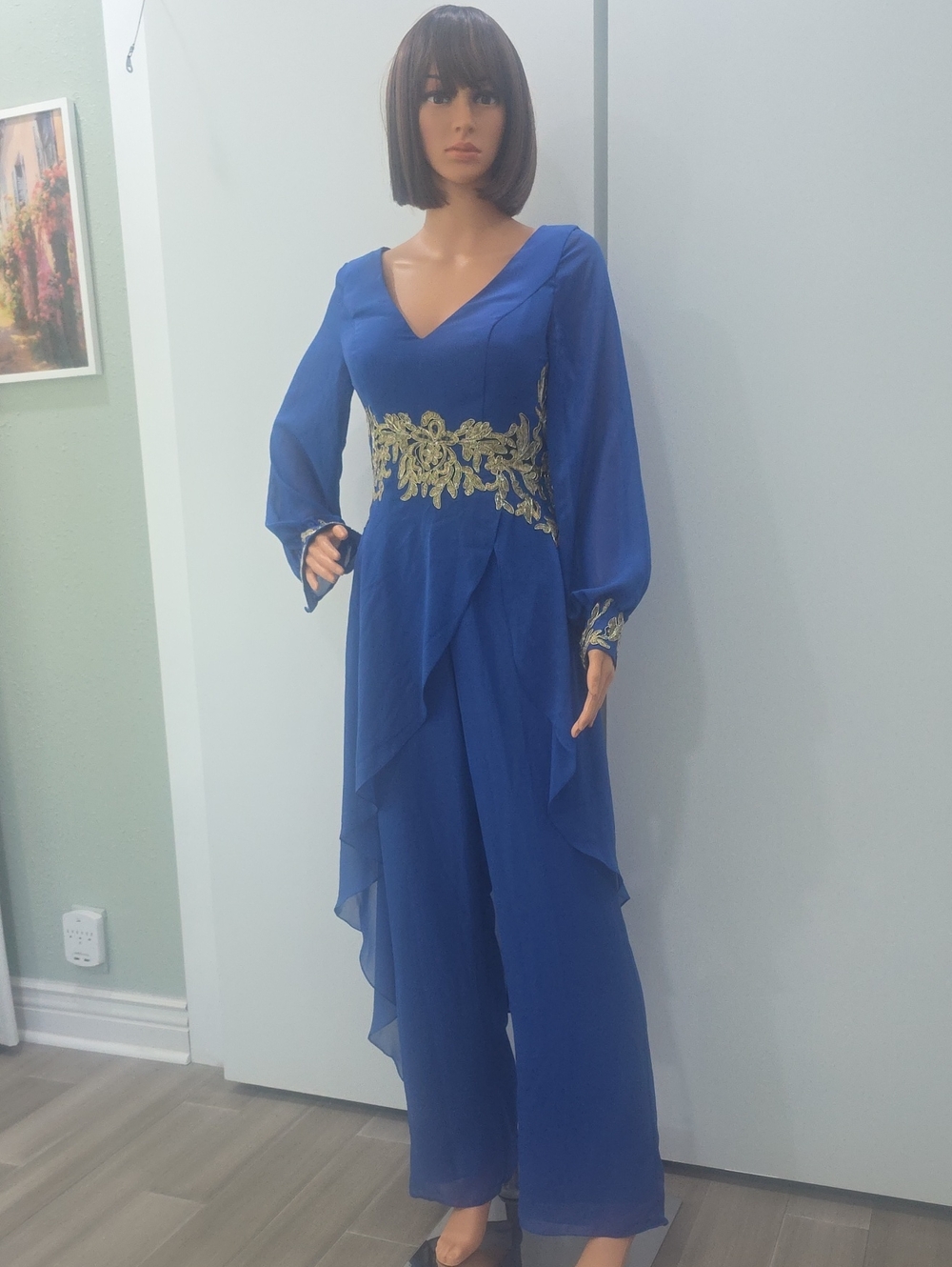 JJ' House Royal Blue V-Neck Evening Jumpsuit with Gold Applique Waist -Size 4